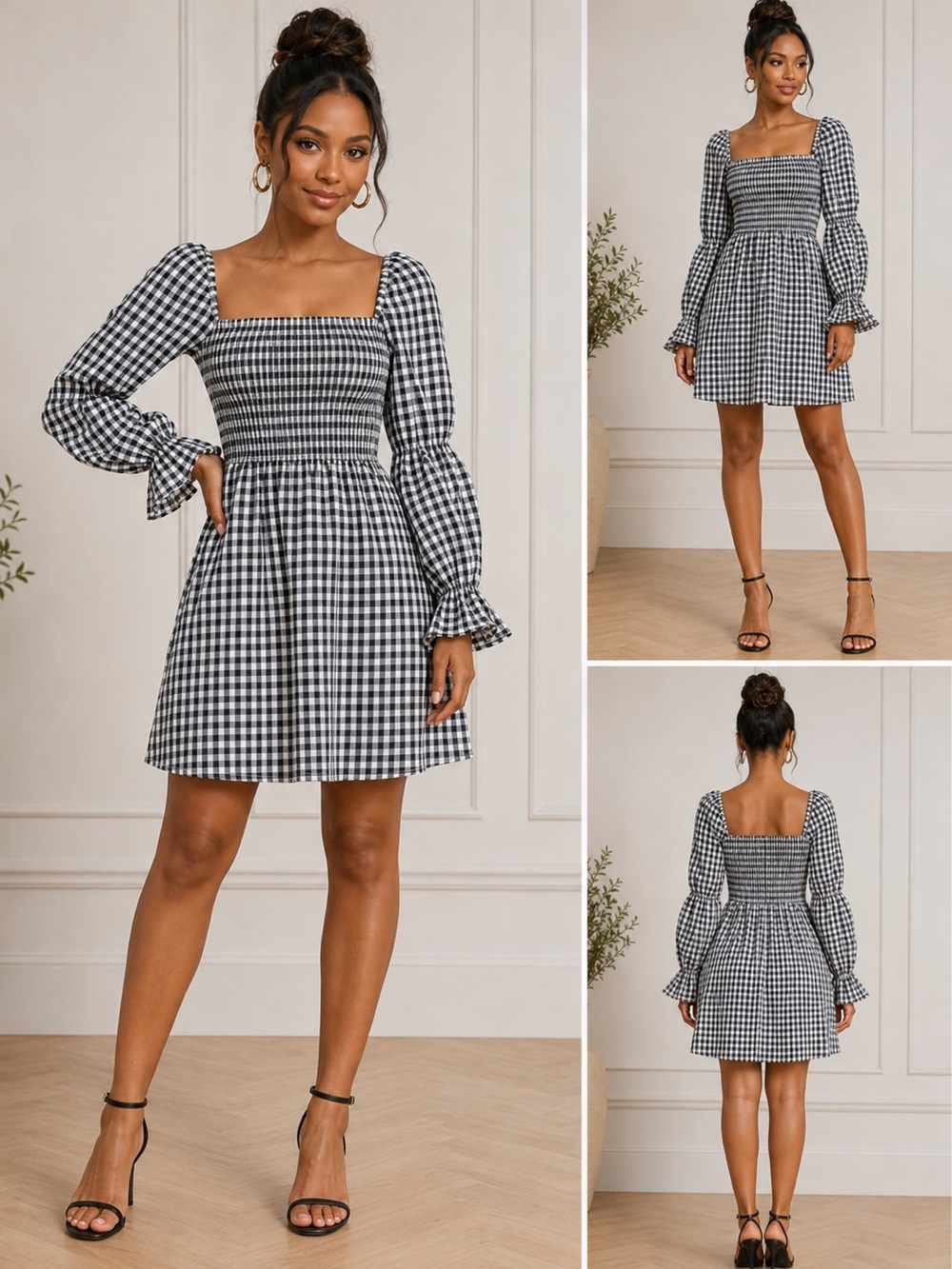 Reformation 100% Linen Gingham Smocked Mini Dress Puff Sleeve Size Small